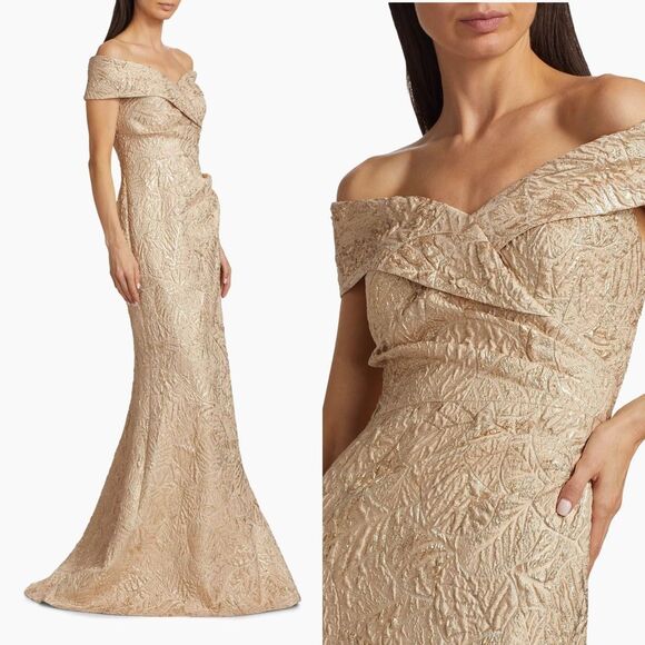 NWT Teri Jon by Rickie Freeman Metallic Jacquard Off-The-Shoulder Gown Size US8 - Picture 2 of 10